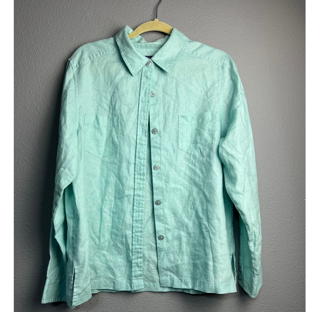 Pendleton Womens XL Aqua Blue 100% Linen Long Sleeve Button Down Shirt Retro